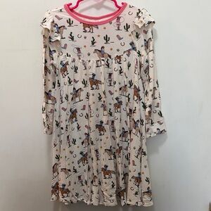 Girls' Cream Cowboy Print Long-Sleeve Dress with Pink Trim